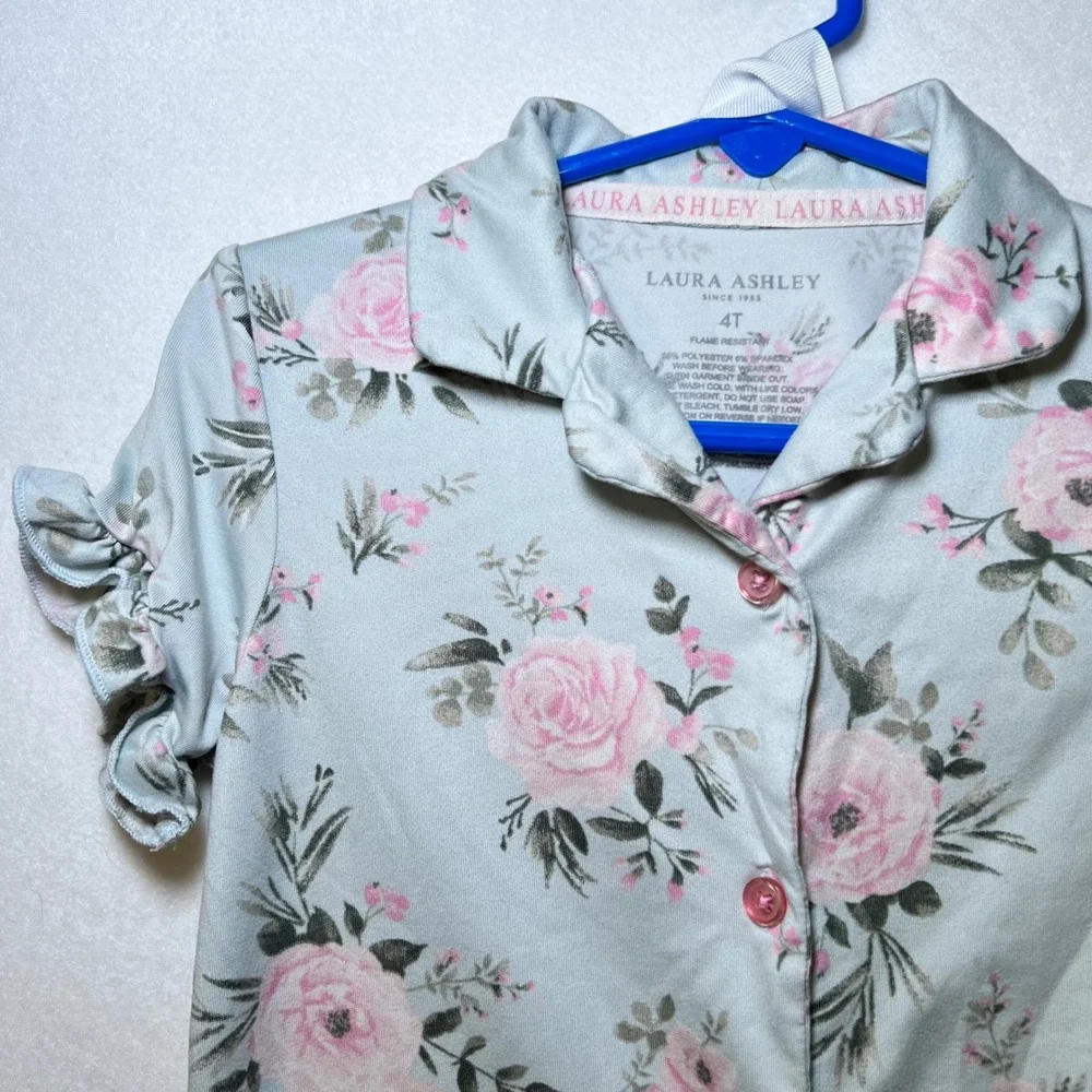 Laura Ashley Girls Floral Pajama Set Shabby Chic Blue Pink Rose Sleepwear 4T